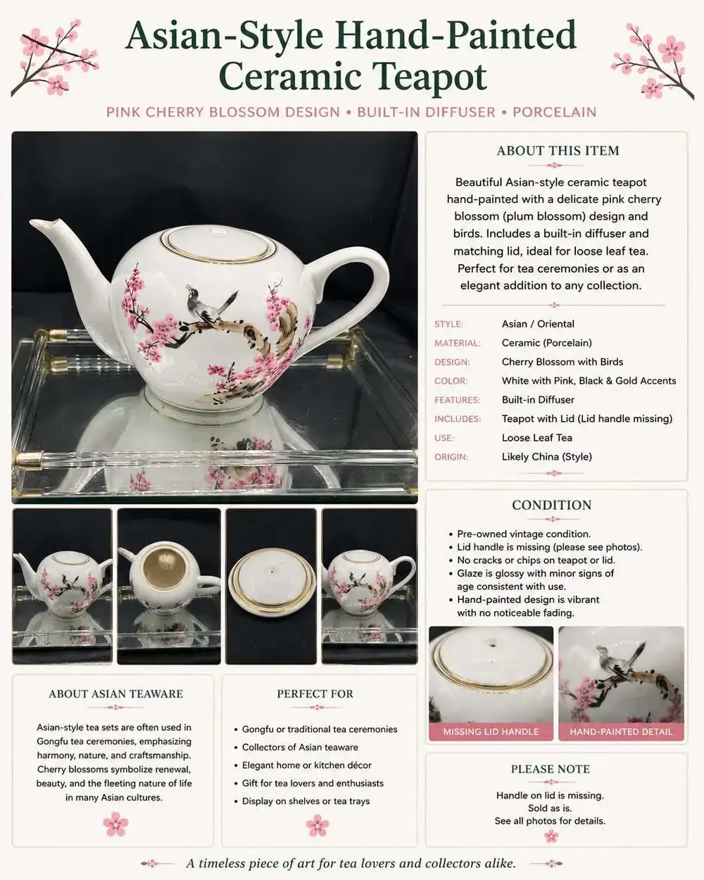 Asian-Style Hand-Painted Ceramic Teapot with Cherry Blossom and Bird Design